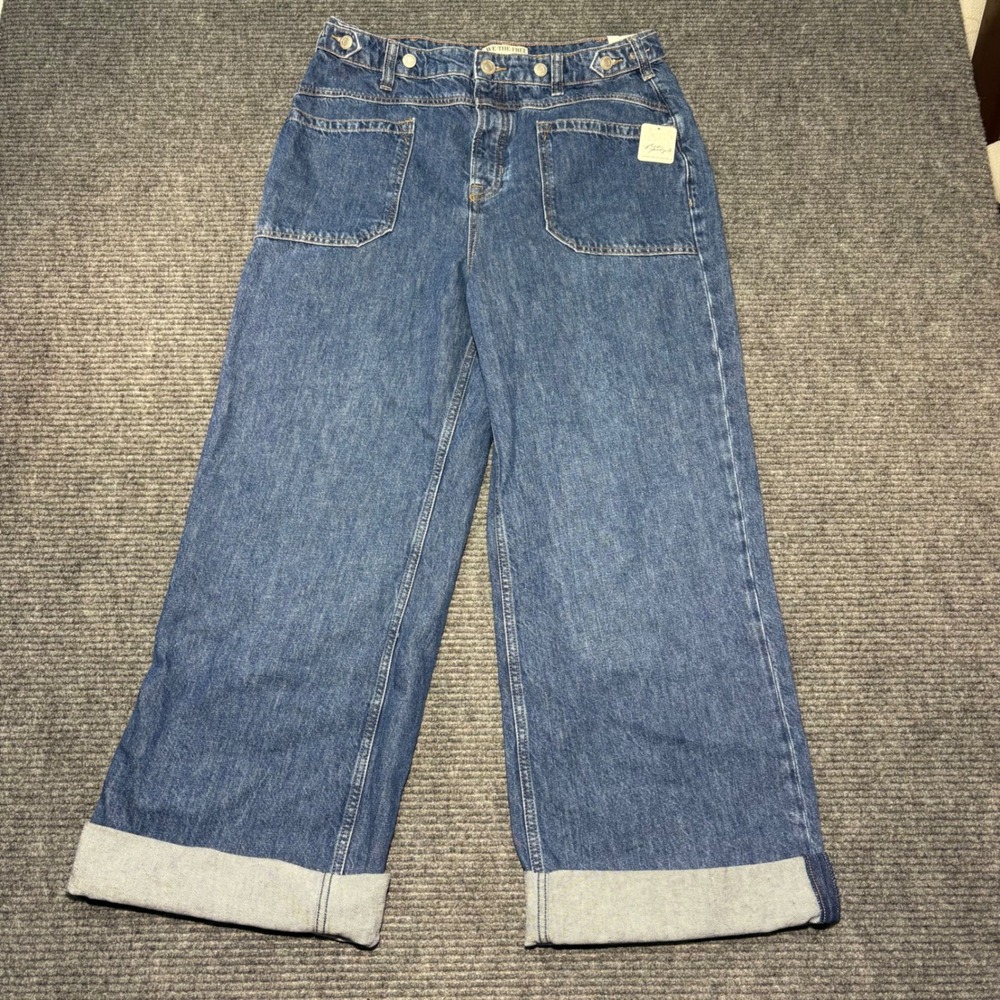 Free People We The Free Tunnel Vision Wide Leg Jeans Blue Cuffed Size 30 NWT